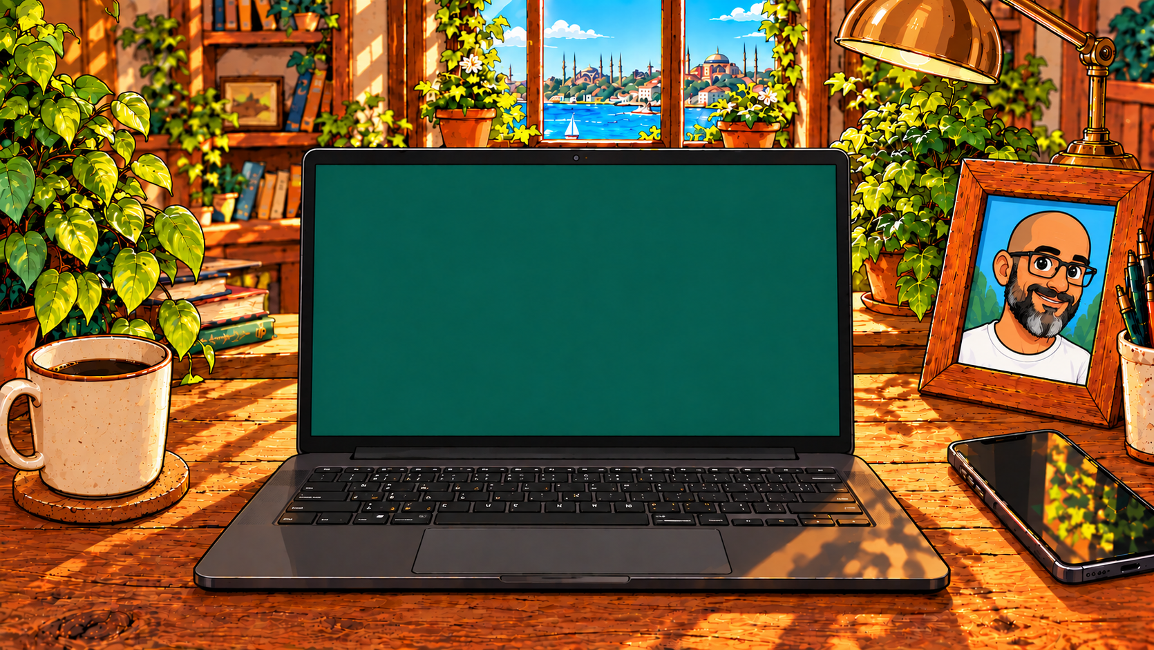 İstanbul manzaralı çizim ofis masası, laptop, kahve, telefon ve çerçeveli portre